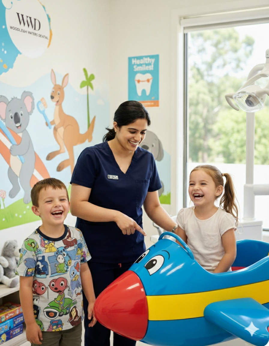 Children in dental office with airplane.